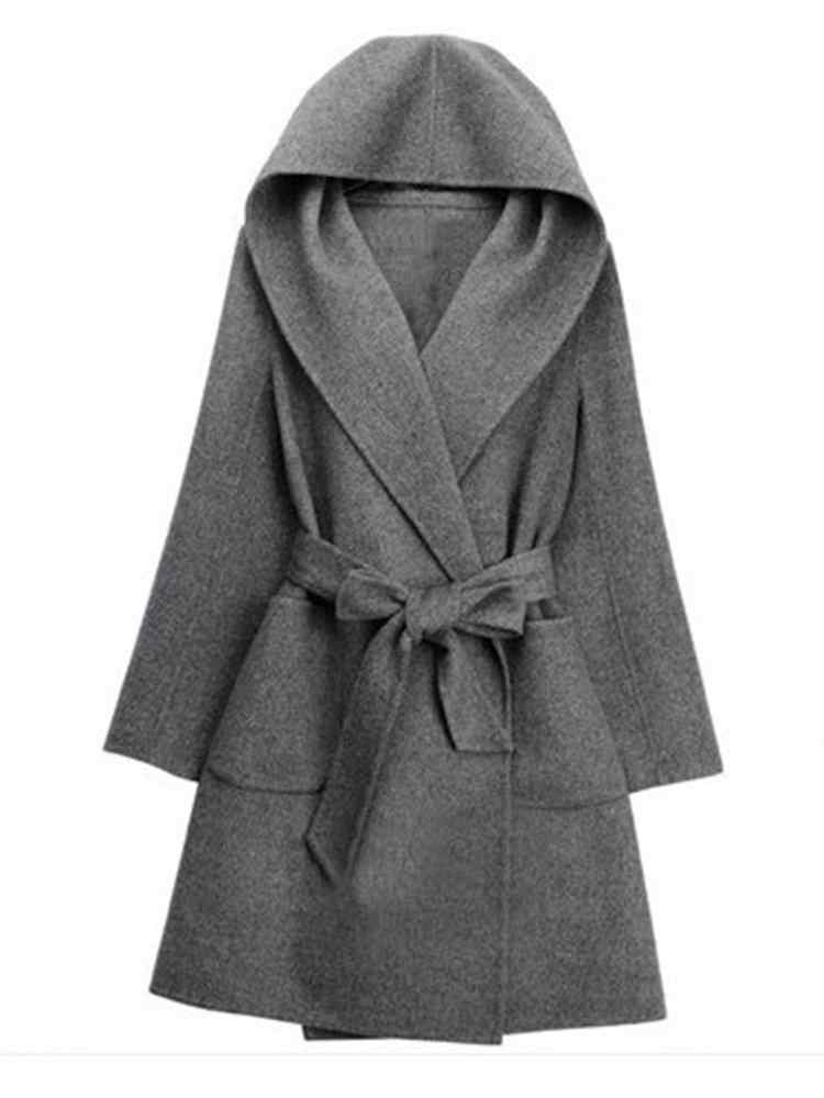 Woolen Hooded Solid Color Tie Waist Coat