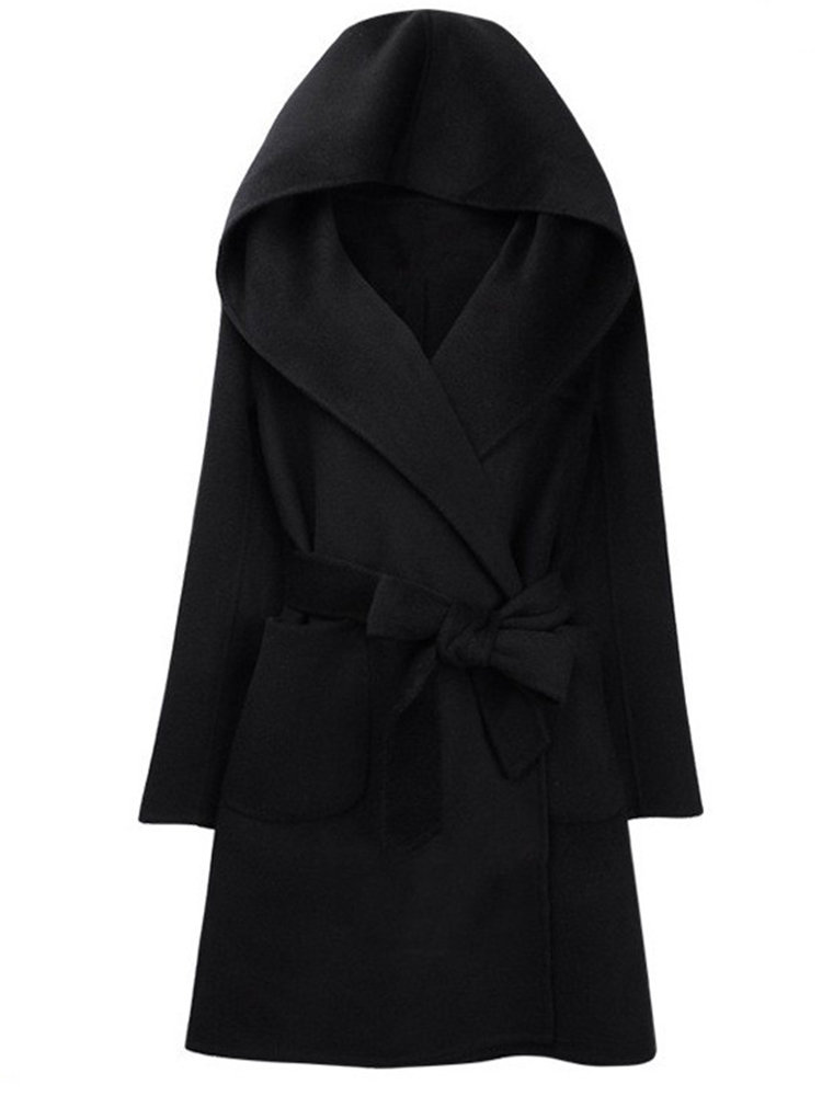 Woolen Hooded Solid Color Tie Waist Coat