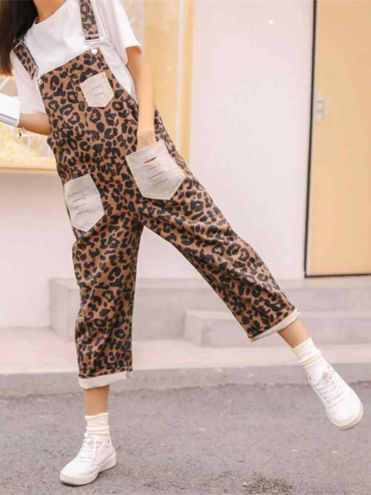 Women Casual Loose Patchwork Leopard Print Hollow Pocket Jumpsuits