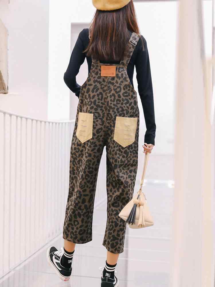 Women Casual Loose Patchwork Leopard Print Hollow Pocket Jumpsuits