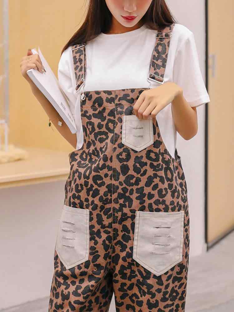 Women Casual Loose Patchwork Leopard Print Hollow Pocket Jumpsuits