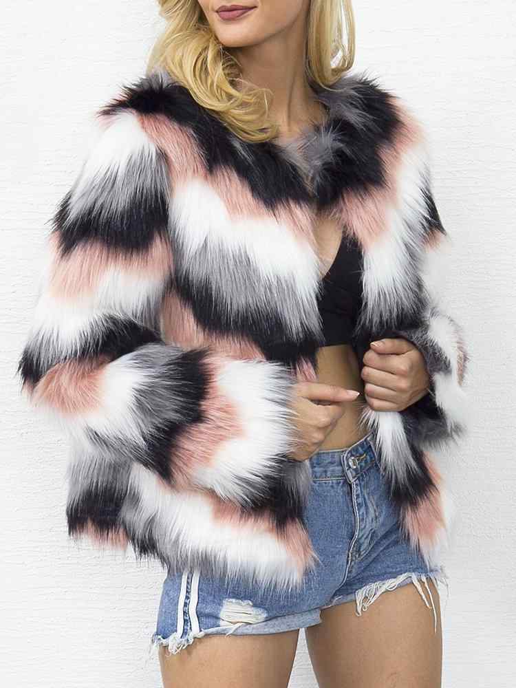 Faux Fur Stripe Long Sleeve Autumn Winter Short Coat