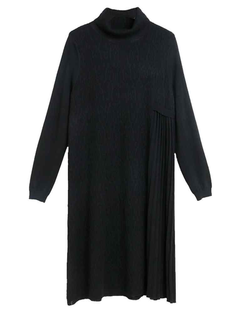 Solid Color High Collar Sweater Pleated Dresses