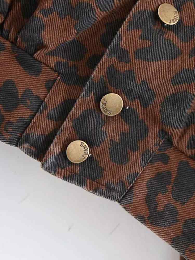 Women Patchwork Leopard Print Button Fly Pocket Denim Motorcycle Jacket