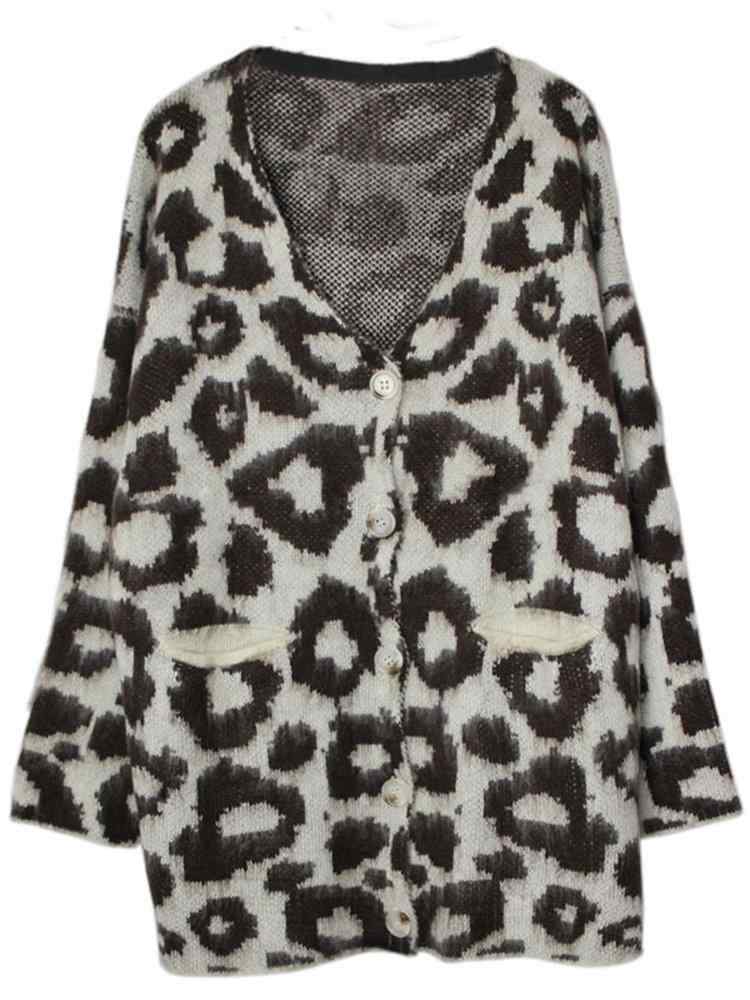 Leopard Print V-neck Button Knit Cardigan For Women