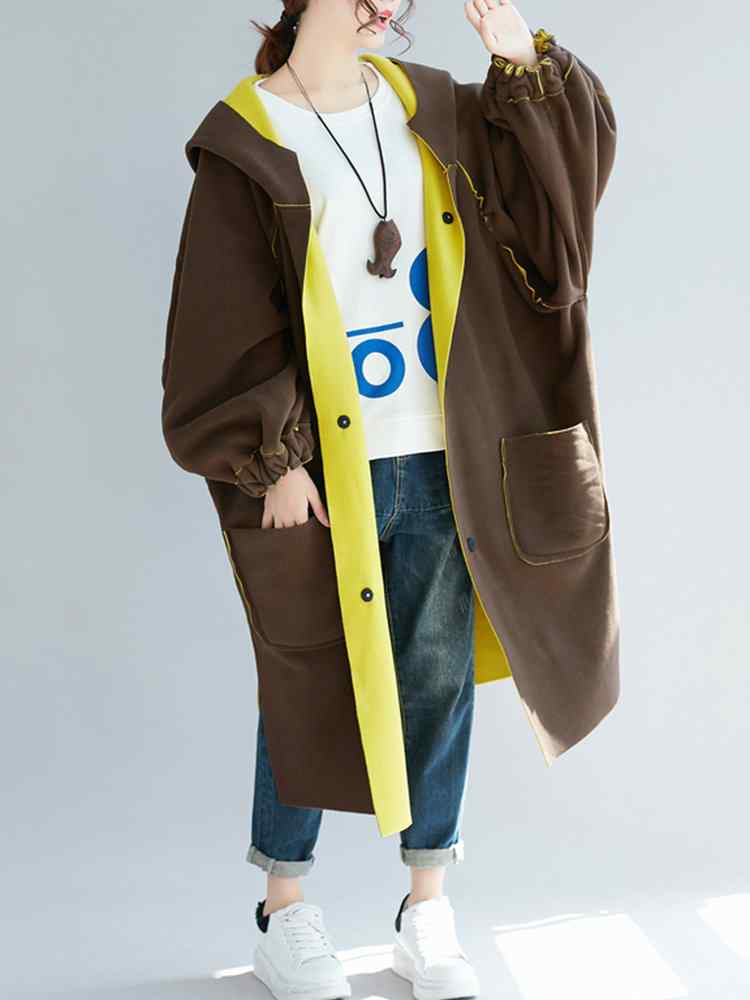 Fleece Reversible Hooded Pockets Side Slit Long Coat