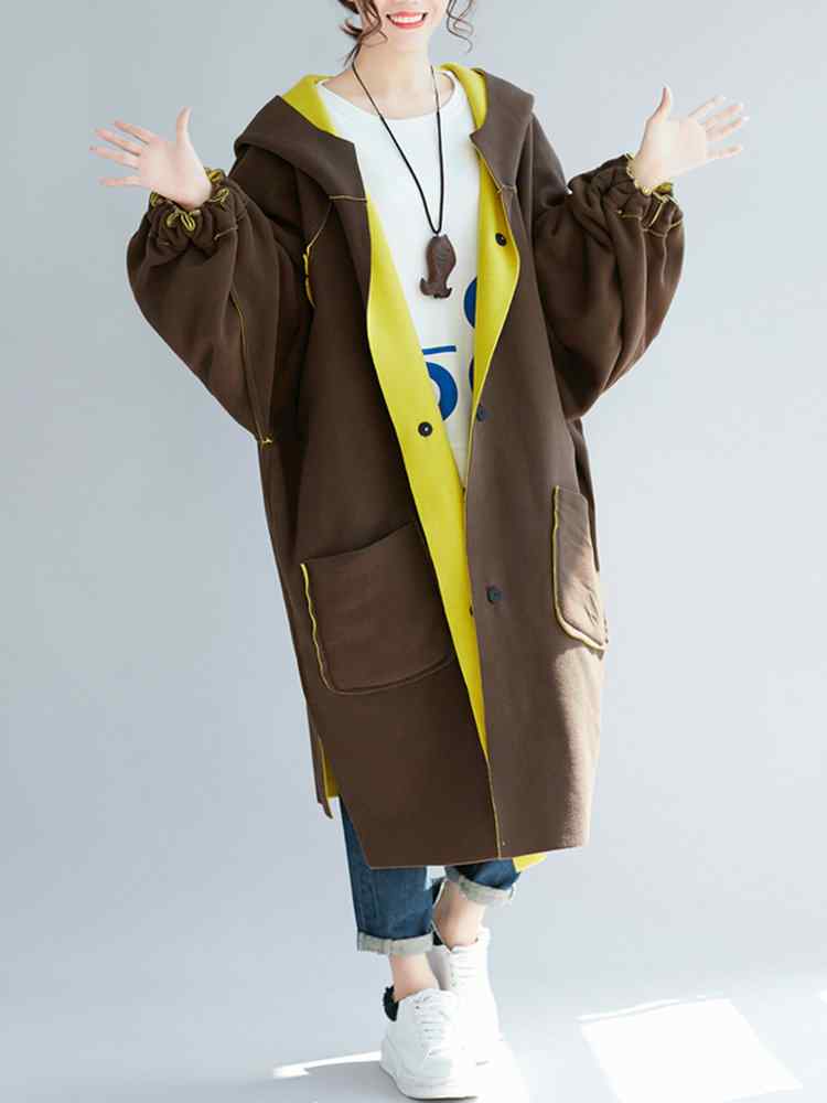 Fleece Reversible Hooded Pockets Side Slit Long Coat