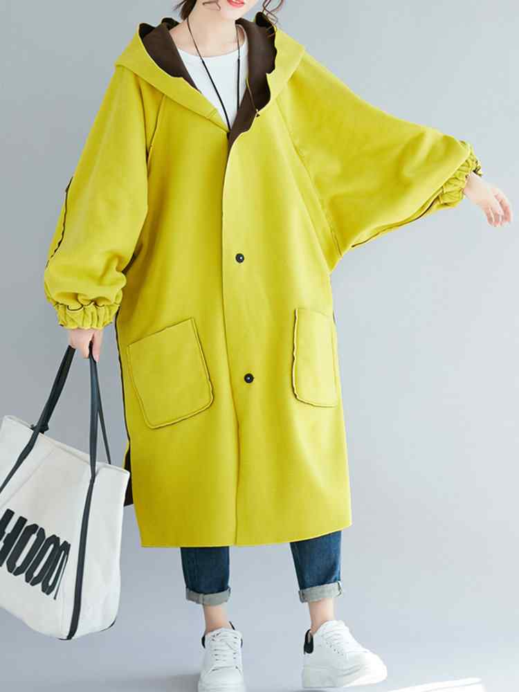 Fleece Reversible Hooded Pockets Side Slit Long Coat