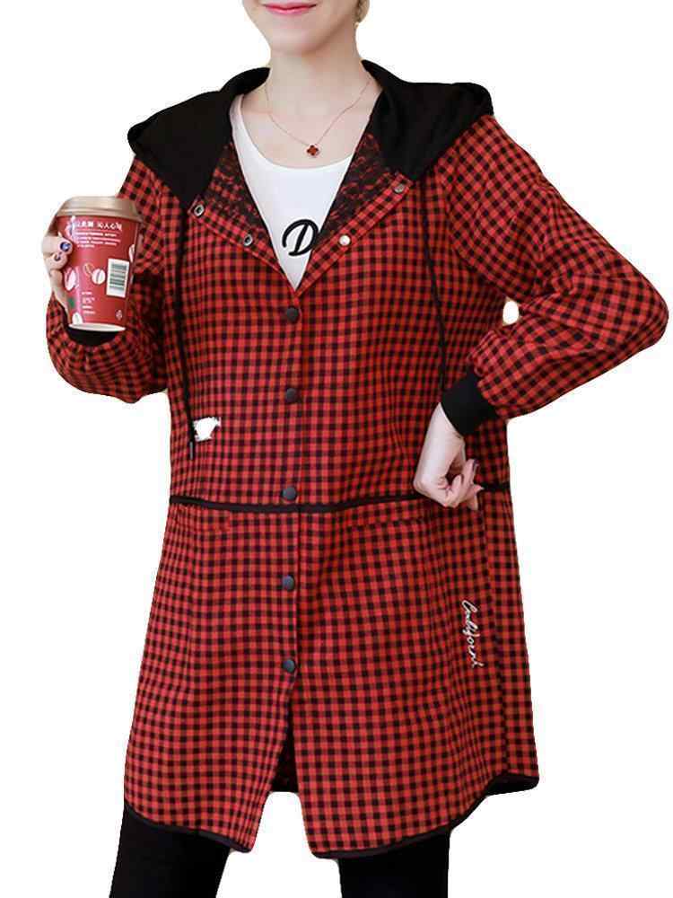 Plaid Letter Print Hooded Long Sleeve Casual Coat