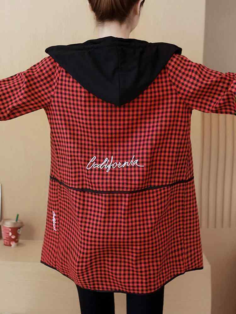 Plaid Letter Print Hooded Long Sleeve Casual Coat