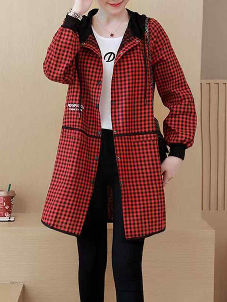 Plaid Letter Print Hooded Long Sleeve Casual Coat