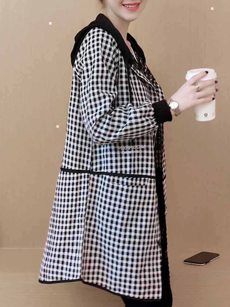 Plaid Letter Print Hooded Long Sleeve Casual Coat