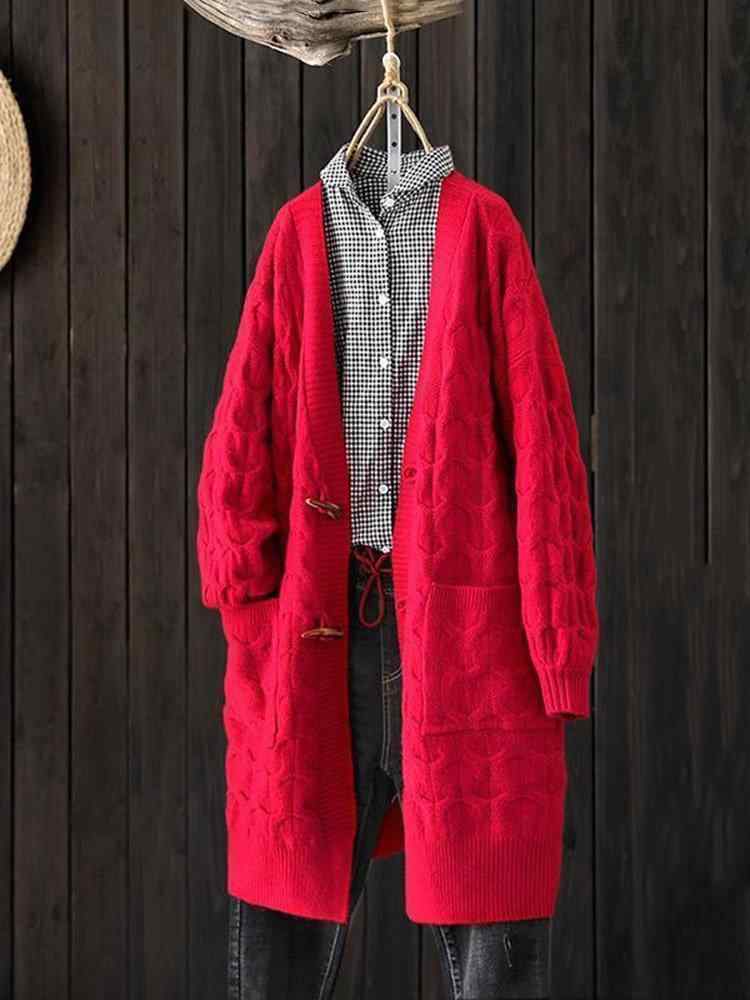 Horns Buckle Solid Color Long Sleeve Casual Cardigan