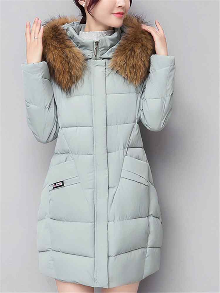 Solid Color Hooded Fur Collar Thicken Warm Long Coat