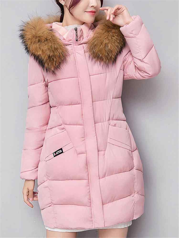 Solid Color Hooded Fur Collar Thicken Warm Long Coat