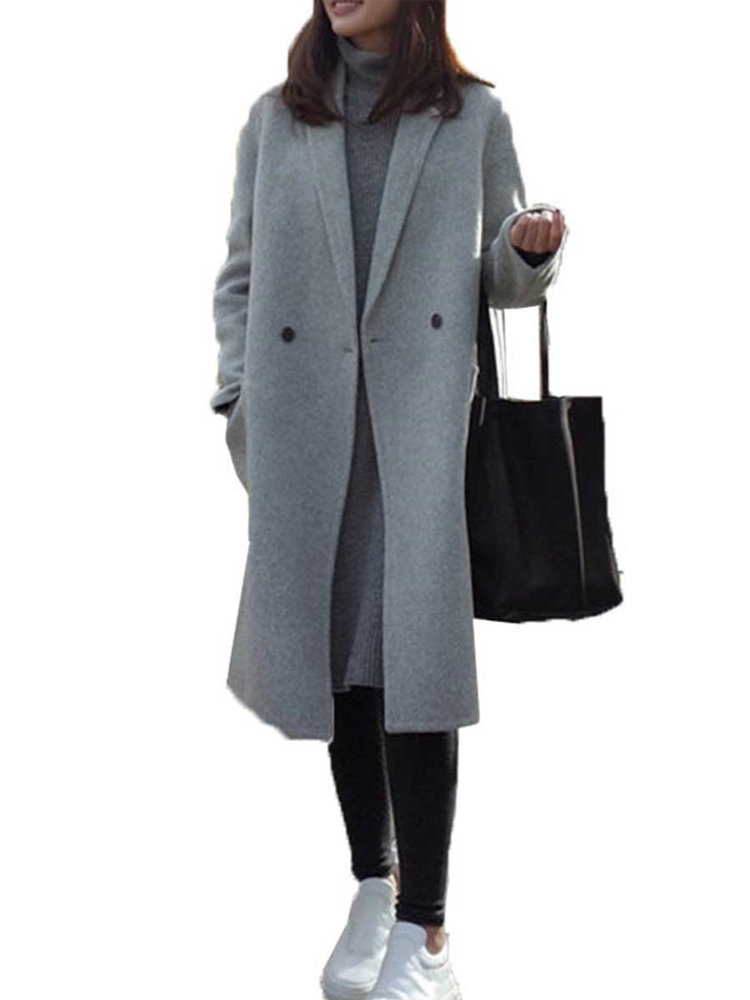 Notch Collar Solid Color Loose Long Coat