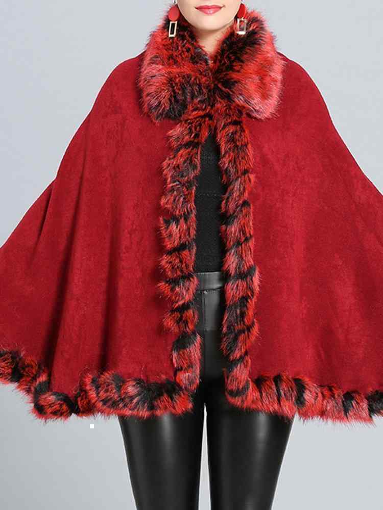 Faux Fox Fur Collar Knit Shawl Autumn Winter Outerwear Coat