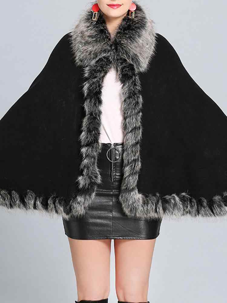 Faux Fox Fur Collar Knit Shawl Autumn Winter Outerwear Coat