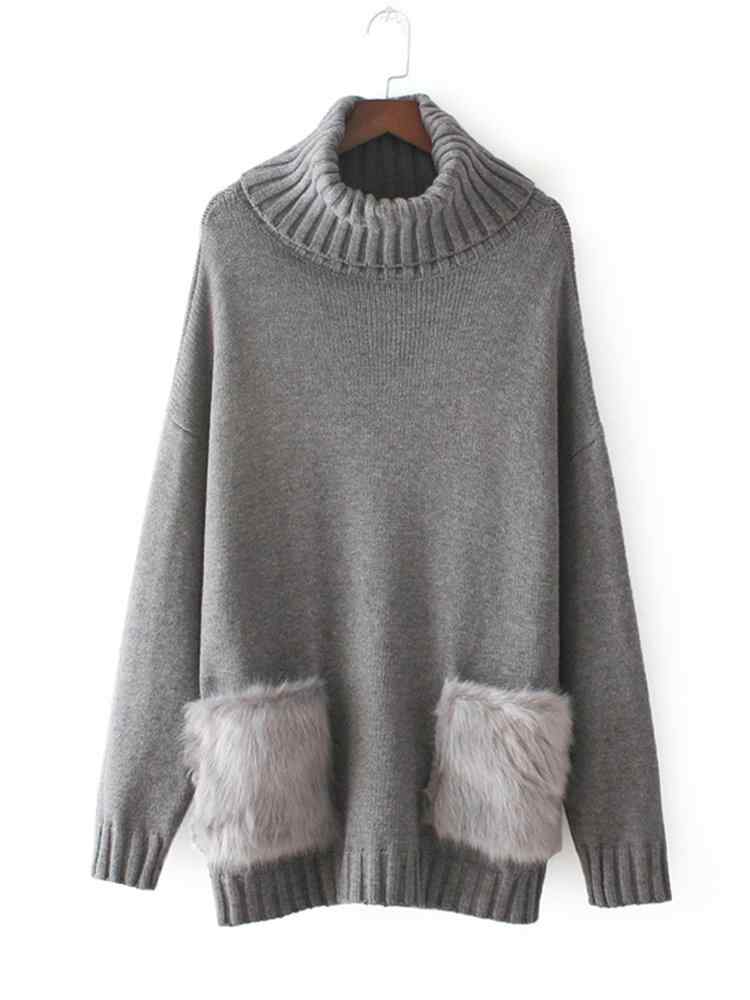 Women Turtleneck Faux Fur Pocket Pure Color Sweaters