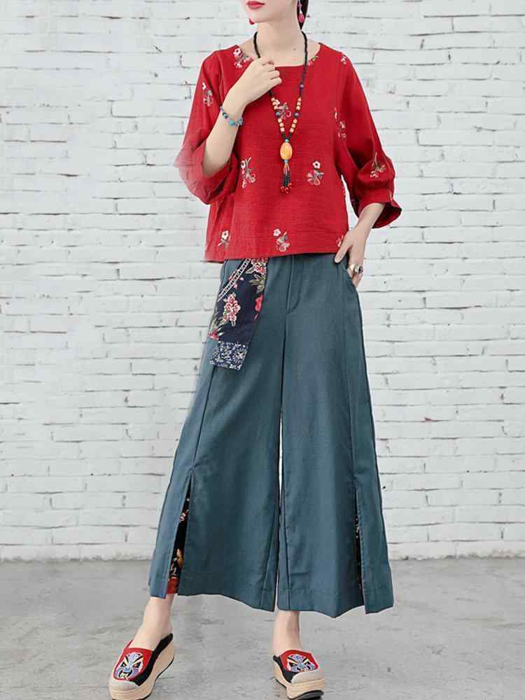 Folk Style Floral Print Patchwork Splited High Waist Women Pants