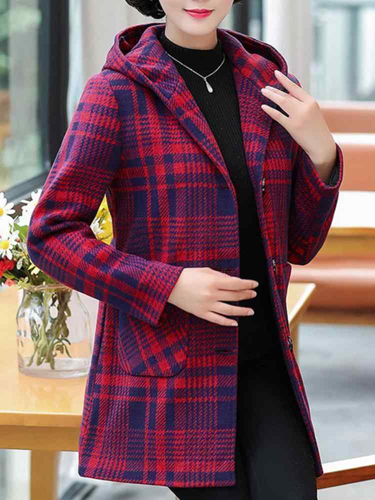 Plaid Single Breasted Woolen Blend Hooded Coat