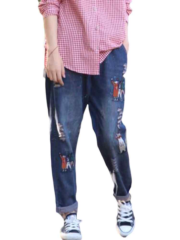 Cartoon Embroidered Elastic Waist Casual Ripped Jeans